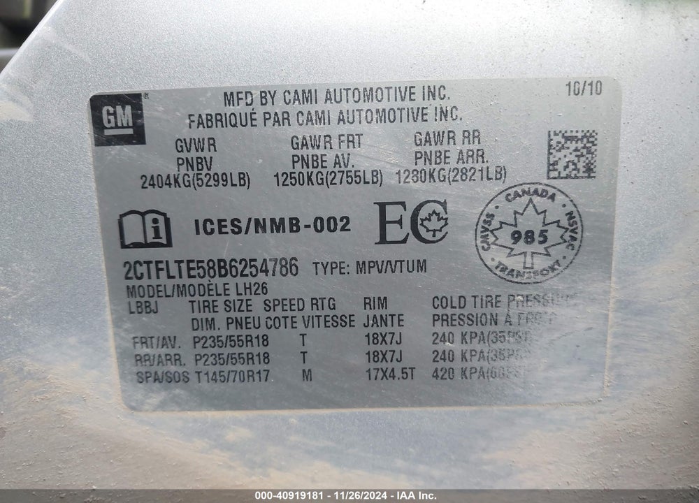 2011 GMC TERRAIN SLE-2 VIN: 2CTFLTE58B6254786