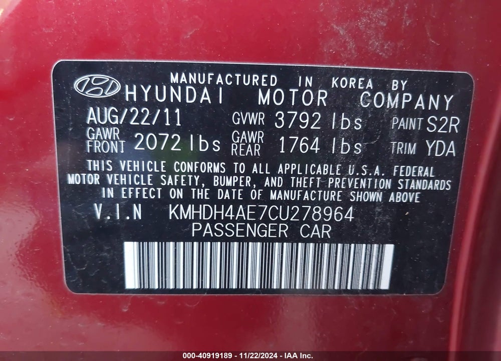 2012 HYUNDAI ELANTRA LIMITED (ULSAN PLANT) VIN: KMHDH4AE7CU278964