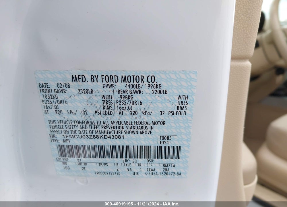 2008 FORD ESCAPE XLT VIN: 1FMCU03Z88KD43081