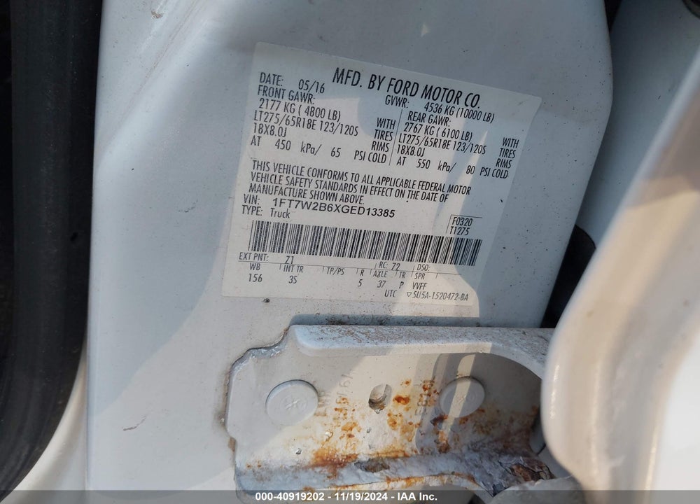 2016 FORD F250 VIN: 1FT7W2B6XGED13385