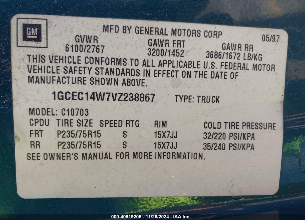 1997 CHEVROLET C1500 FLEETSIDE VIN: 1GCEC14W7VZ238867