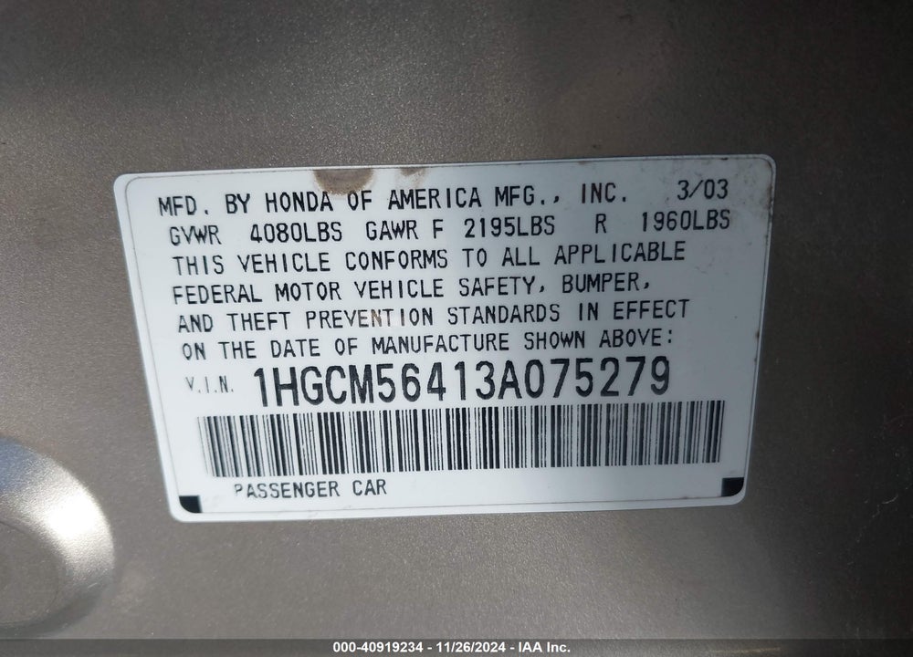 2003 HONDA ACCORD 2.4 LX VIN: 1HGCM56413A075279