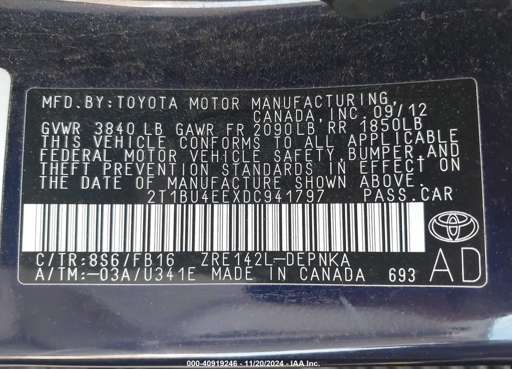 2013 TOYOTA COROLLA LE VIN: 2T1BU4EEXDC941797
