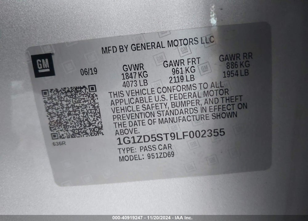 2020 CHEVROLET MALIBU FWD LT VIN: 1G1ZD5ST9LF002355