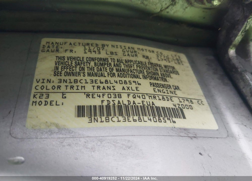 2008 NISSAN VERSA 1.8S VIN: 3N1BC13E68L408596
