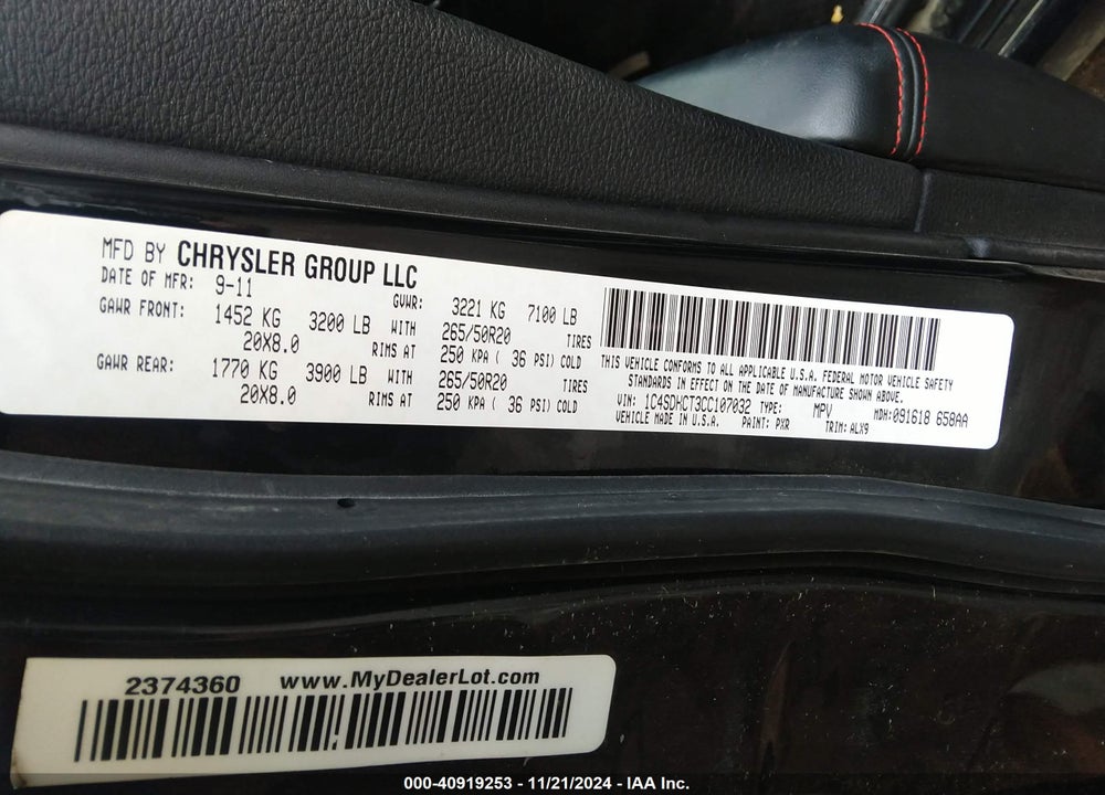 2012 DODGE DURANGO R/T VIN: 1C4SDHCT3CC107032