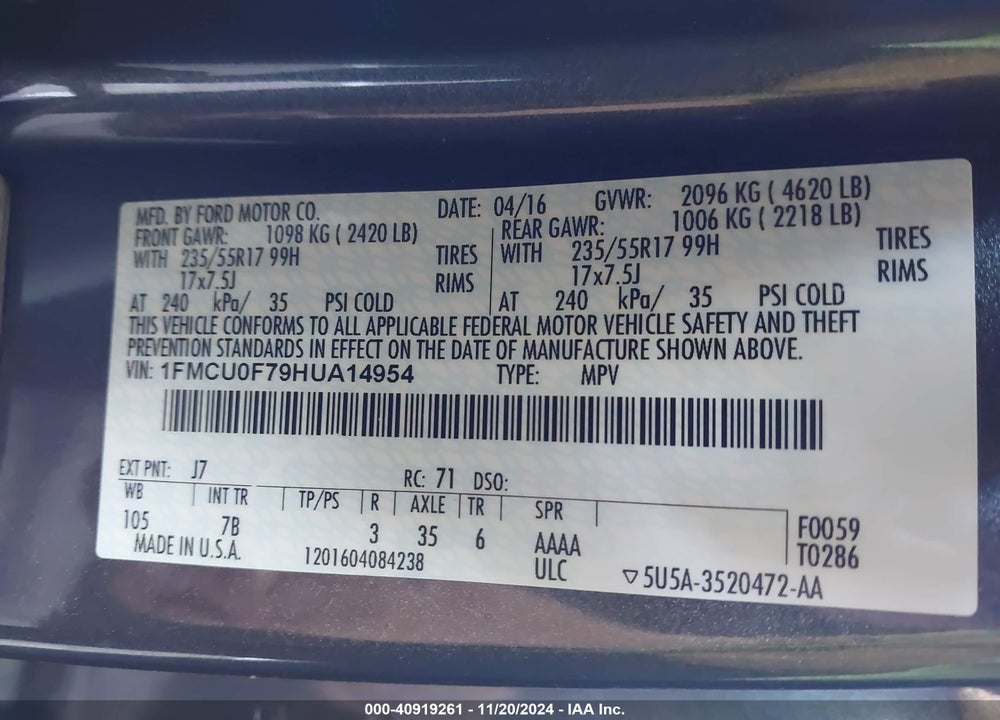 2017 FORD ESCAPE S VIN: 1FMCU0F79HUA14954