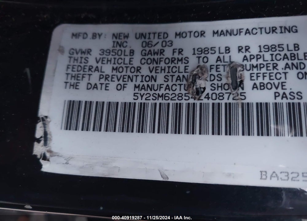 2004 PONTIAC VIBE VIN: 5Y2SM62854Z408725