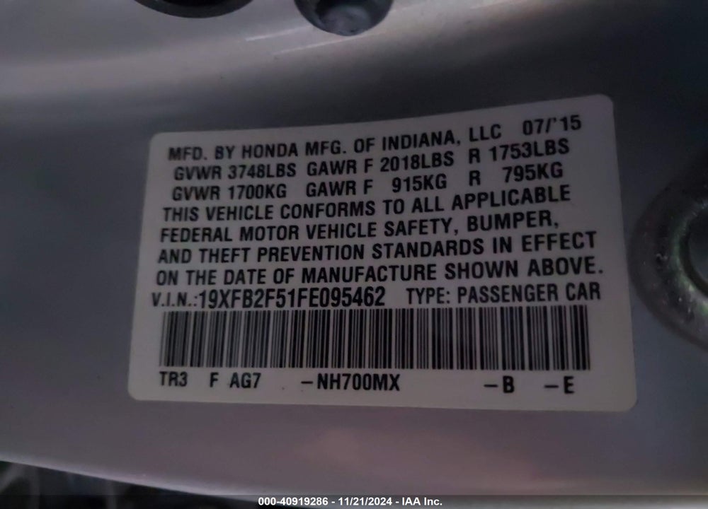 2015 HONDA CIVIC VIN: 19XFB2F51FE095462