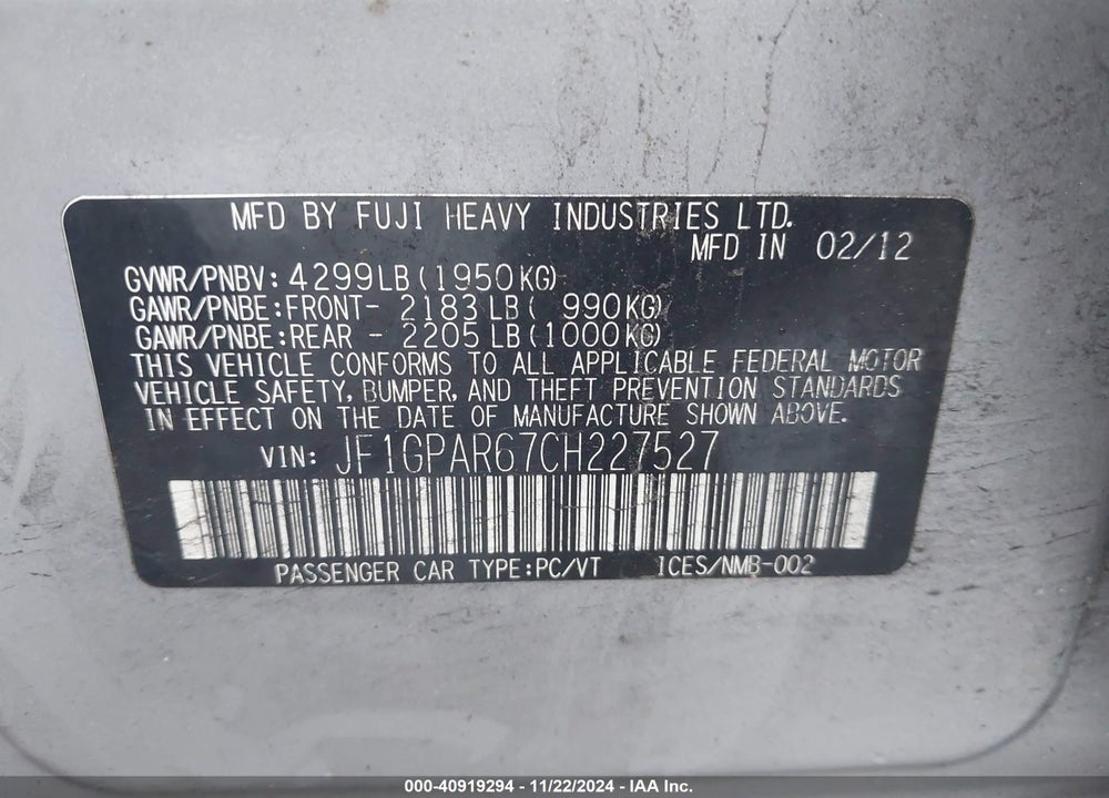 2012 SUBARU IMPREZA 2.0I SPORT LIMITED VIN: JF1GPAR67CH227527