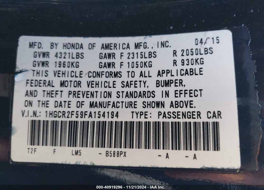 2015 HONDA ACCORD SPORT VIN: 1HGCR2F59FA154194