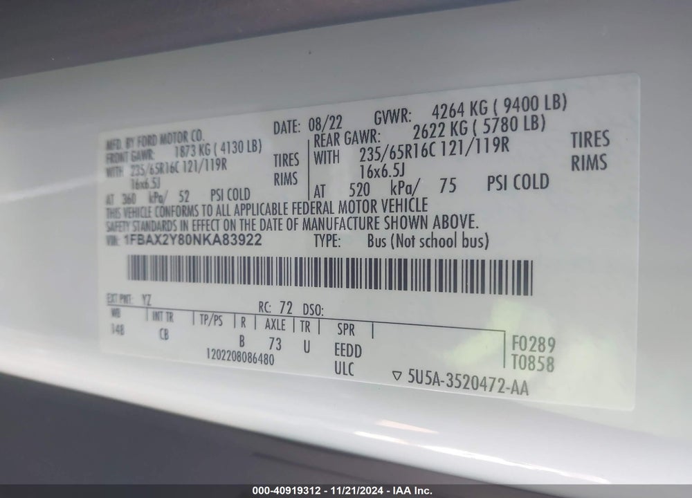 2022 FORD TRANSIT-350 PASSENGER VAN XLT VIN: 1FBAX2Y80NKA83922