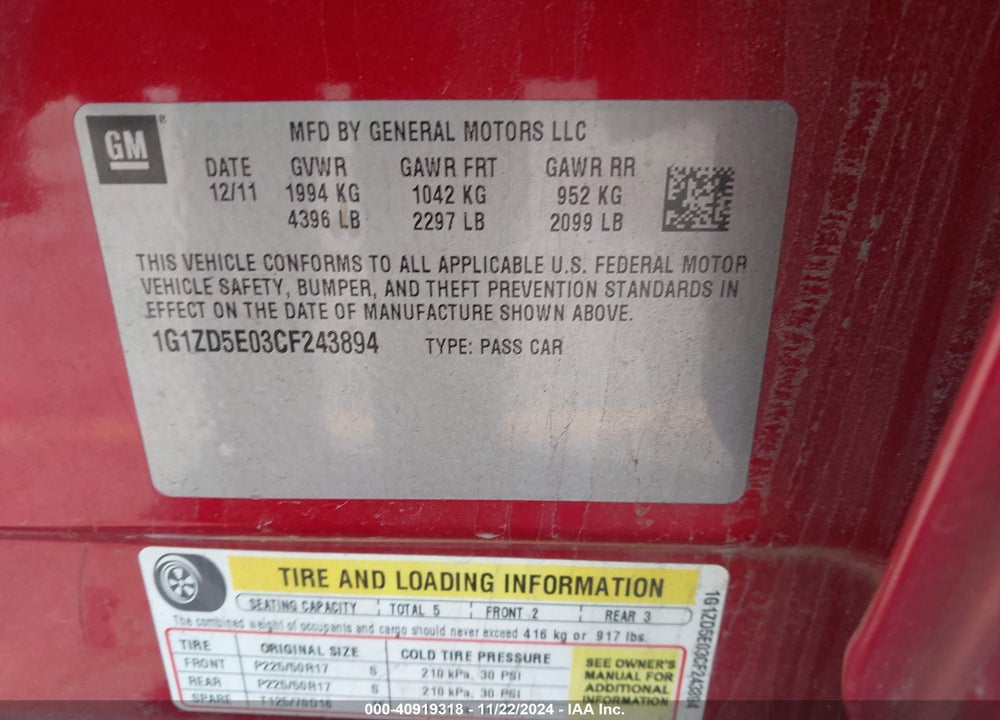 2012 CHEVROLET MALIBU 2LT VIN: 1G1ZD5E03CF243894