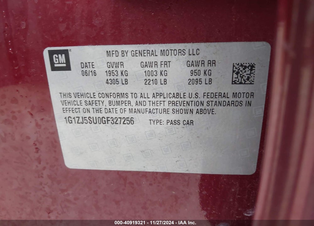 2016 CHEVROLET MAIIBU VIN: 1G1ZJ5SU0GF327256