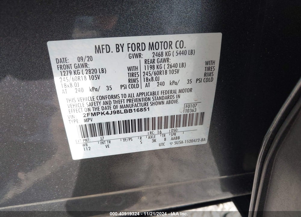 2020 FORD EDGE SEL VIN: 2FMPK4J98LBB16851