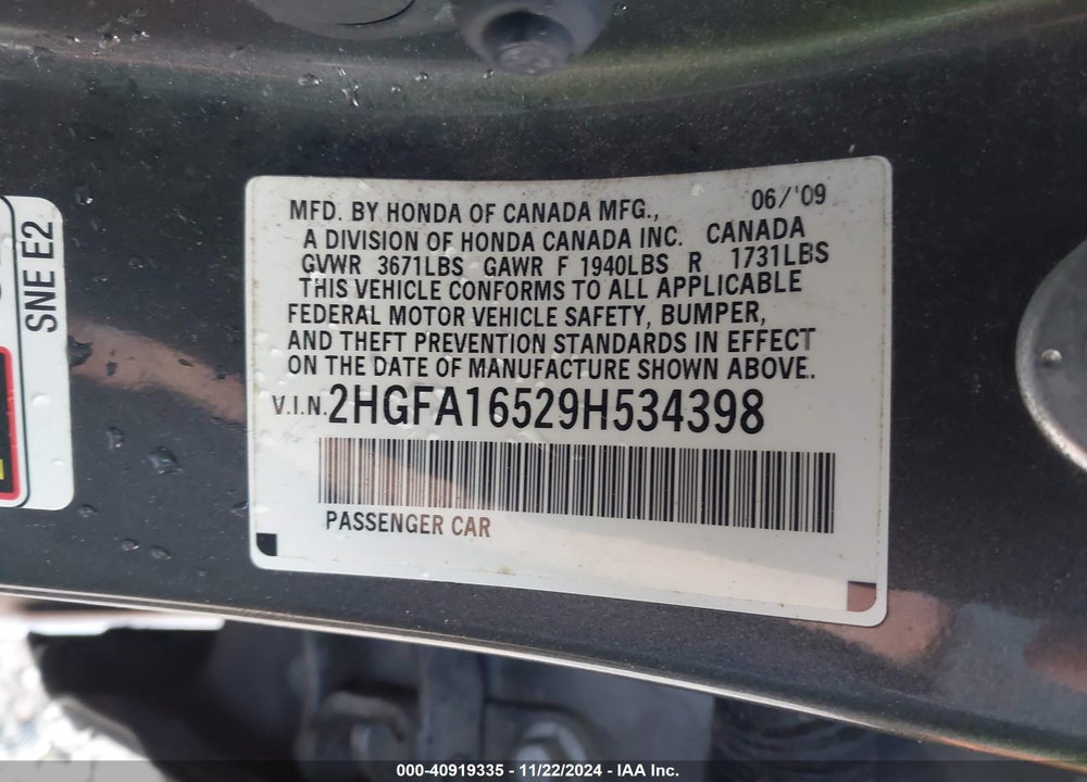 2009 HONDA CIVIC LX VIN: 2HGFA16529H534398