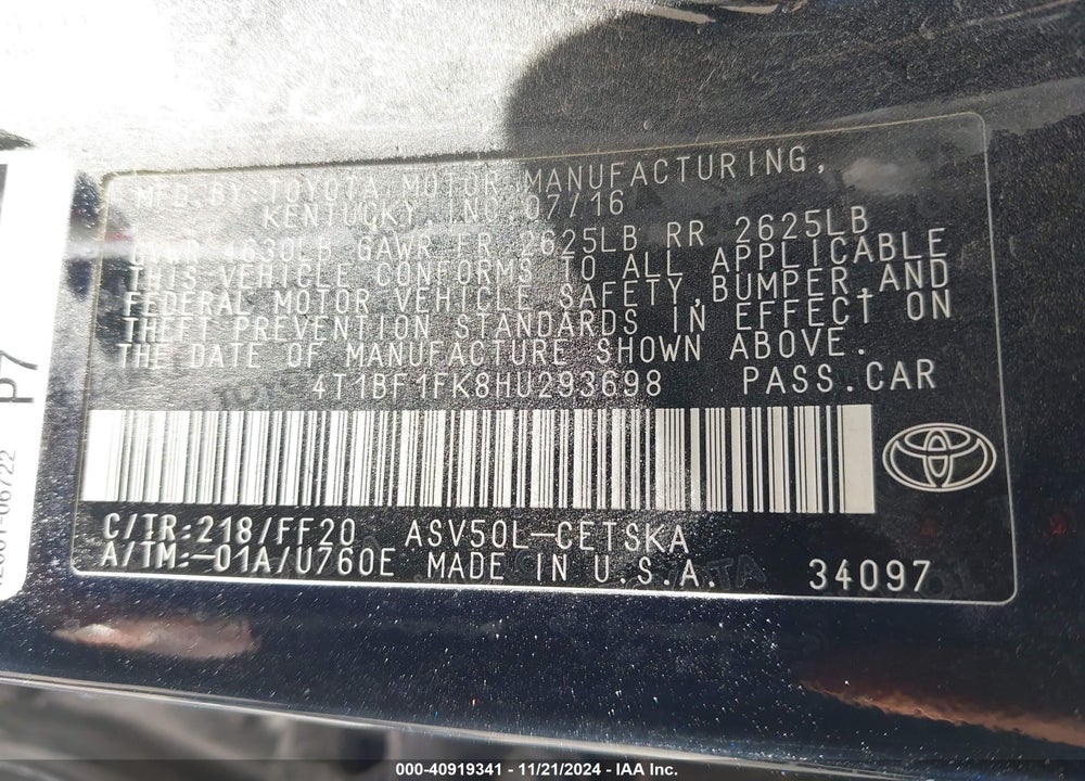 2017 TOYOTA CAMRY SE VIN: 4T1BF1FK8HU293698