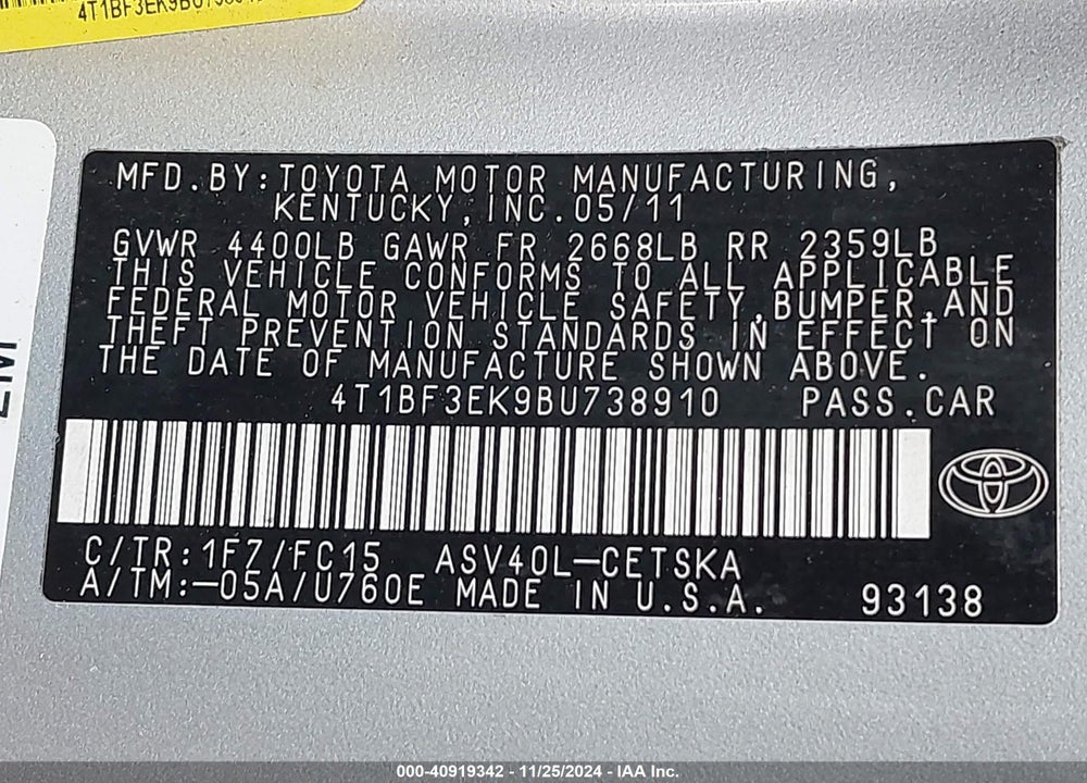 2011 TOYOTA CAMRY SE VIN: 4T1BF3EK9BU738910