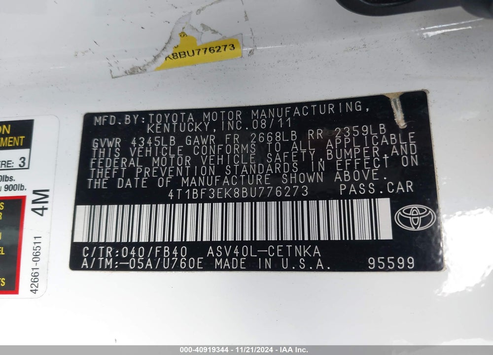 2011 TOYOTA CAMRY LE VIN: 4T1BF3EK8BU776273