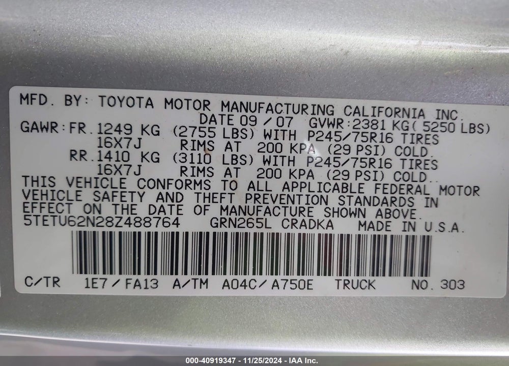 2008 TOYOTA TACOMA PRERUNNER V6 VIN: 5TETU62N28Z488764