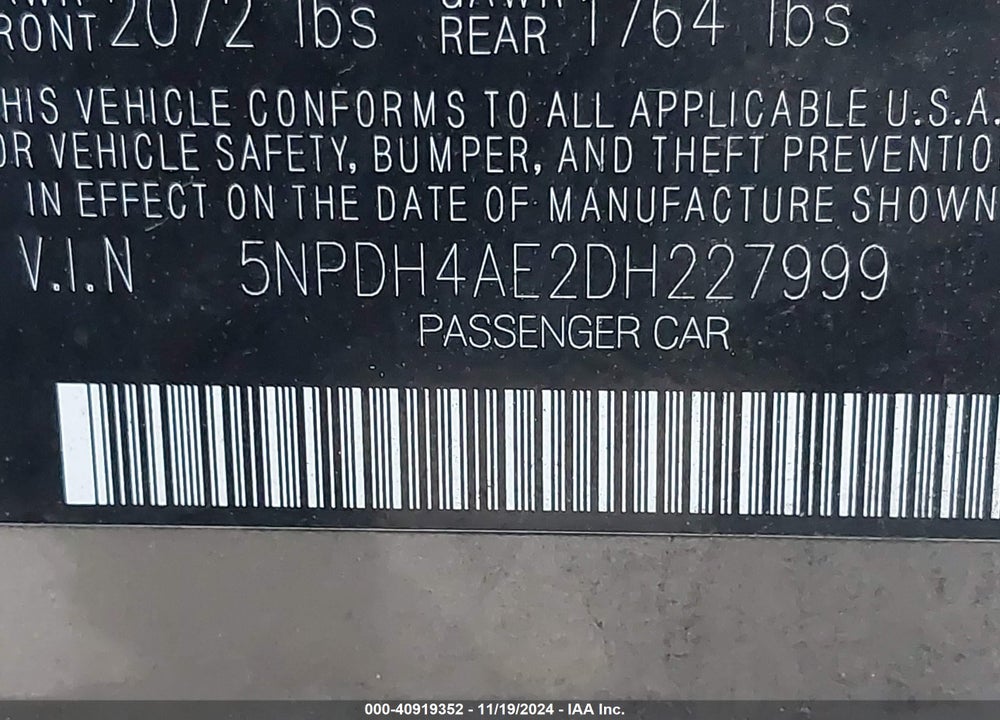 2013 HYUNDAI ELANTRA GLS VIN: 5NPDH4AE2DH227999