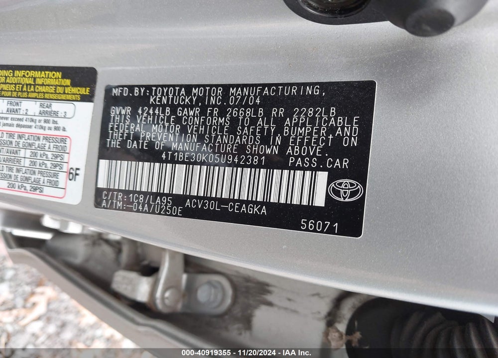 2005 TOYOTA CAMRY VIN: 4T1BE30K05U942381