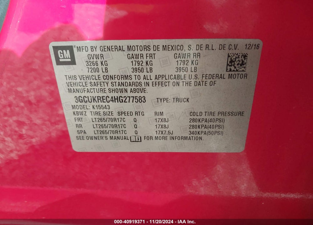 2017 CHEVROLET SILVERADO 1500 VIN: 3GCUKREC4HG277583