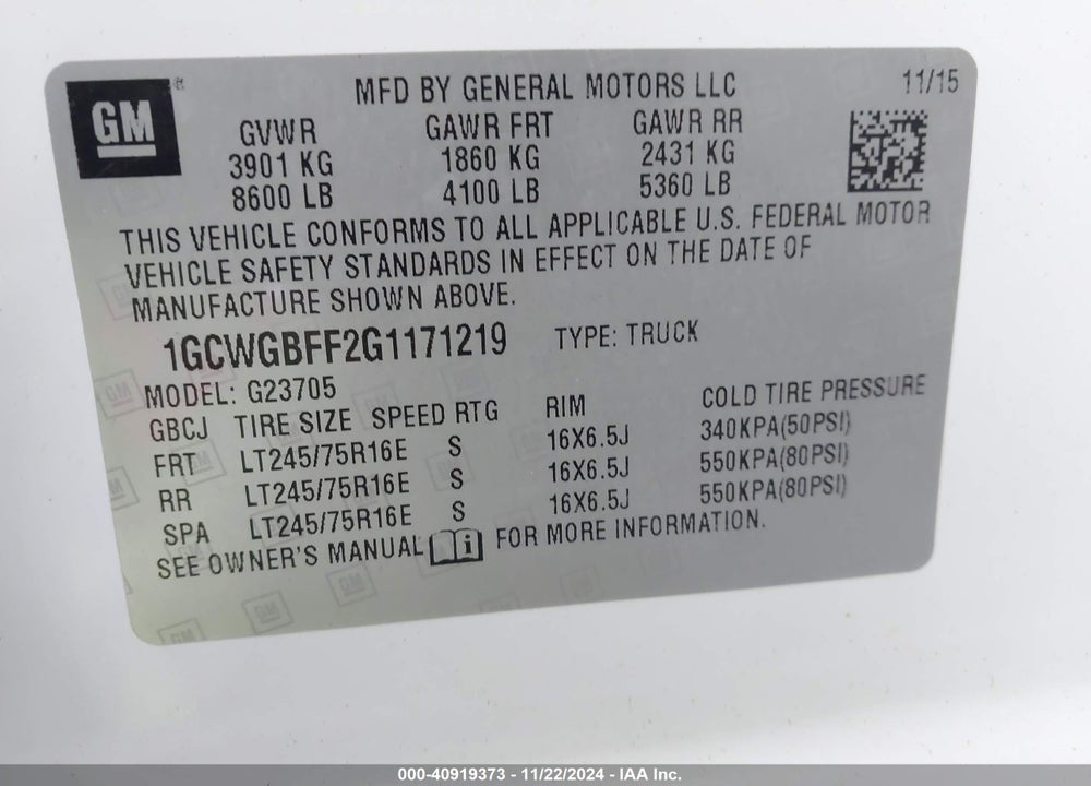 2016 CHEVROLET EXPRESS 2500 WORK VAN VIN: 1GCWGBFF2G1171219