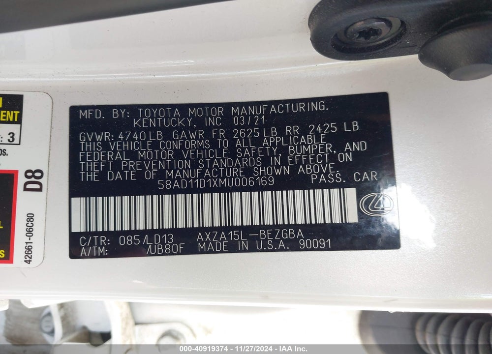 2021 LEXUS ES 250 VIN: 58AD11D1XMU006169