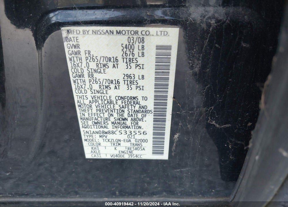 2008 NISSAN XTERRA X VIN: 5N1AN08W88C533556