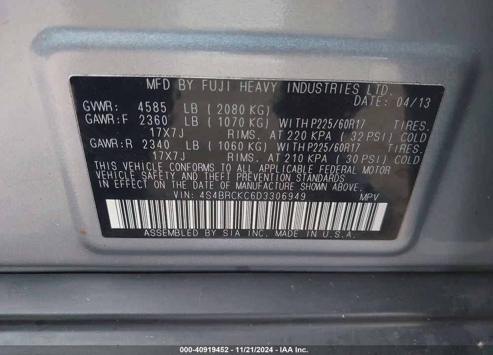 2013 SUBARU OUTBACK 2.5I LIMITED VIN: 4S4BRCKC6D3306949