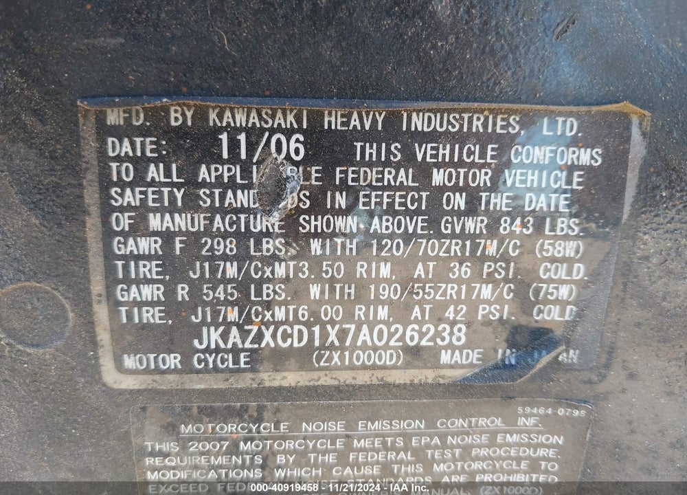 2007 KAWASAKI ZX1000 D VIN: JKAZXCD1X7A026238