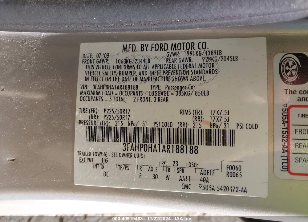 2010 FORD FUSION SE VIN: 3FAHP0HA1AR188188