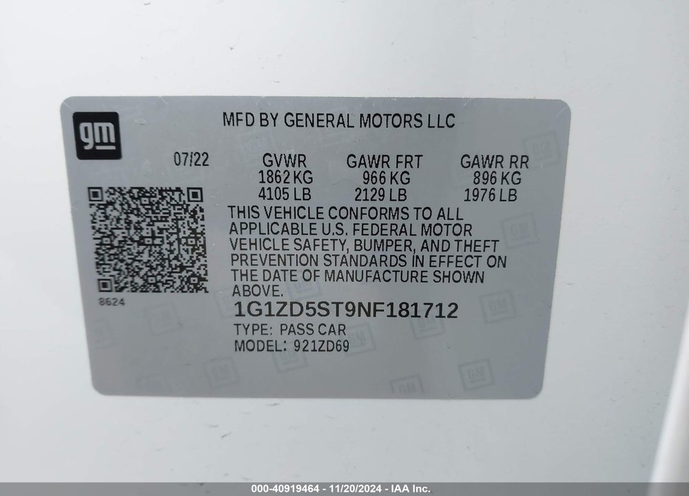2022 CHEVROLET MALIBU FWD LT VIN: 1G1ZD5ST9NF181712