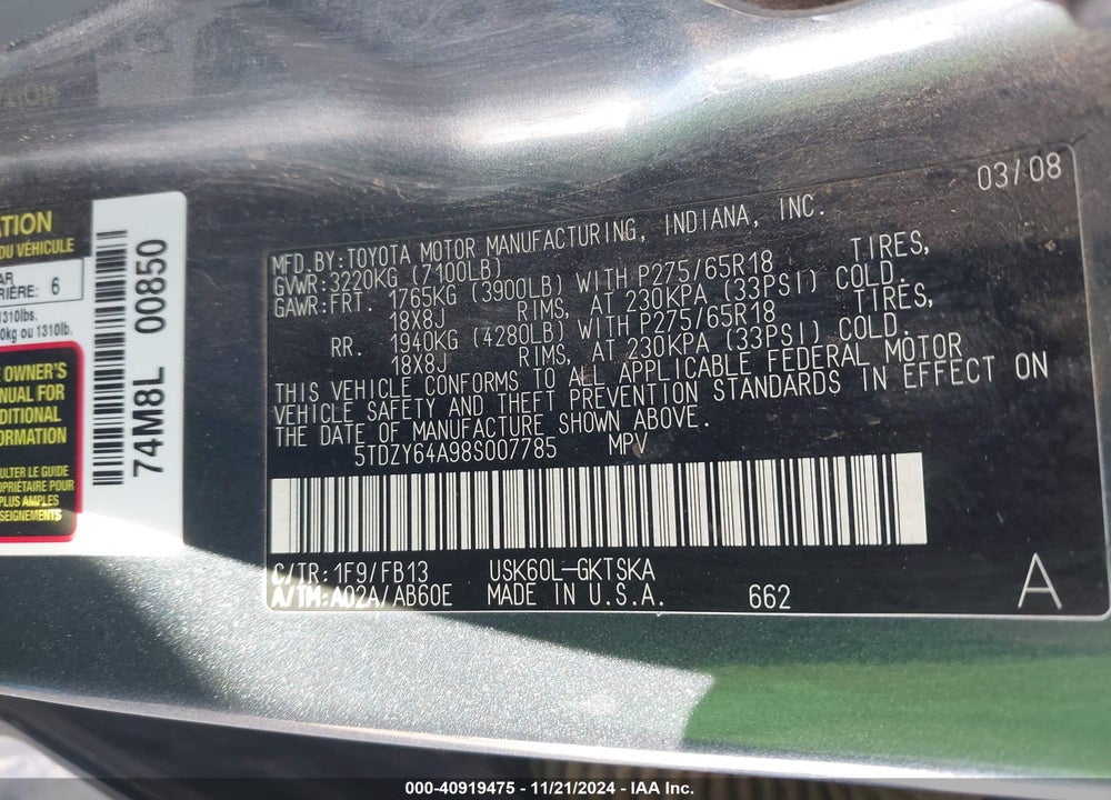 2008 TOYOTA SEQUOIA SR5 5.7L V8 VIN: 5TDZY64A98S007785
