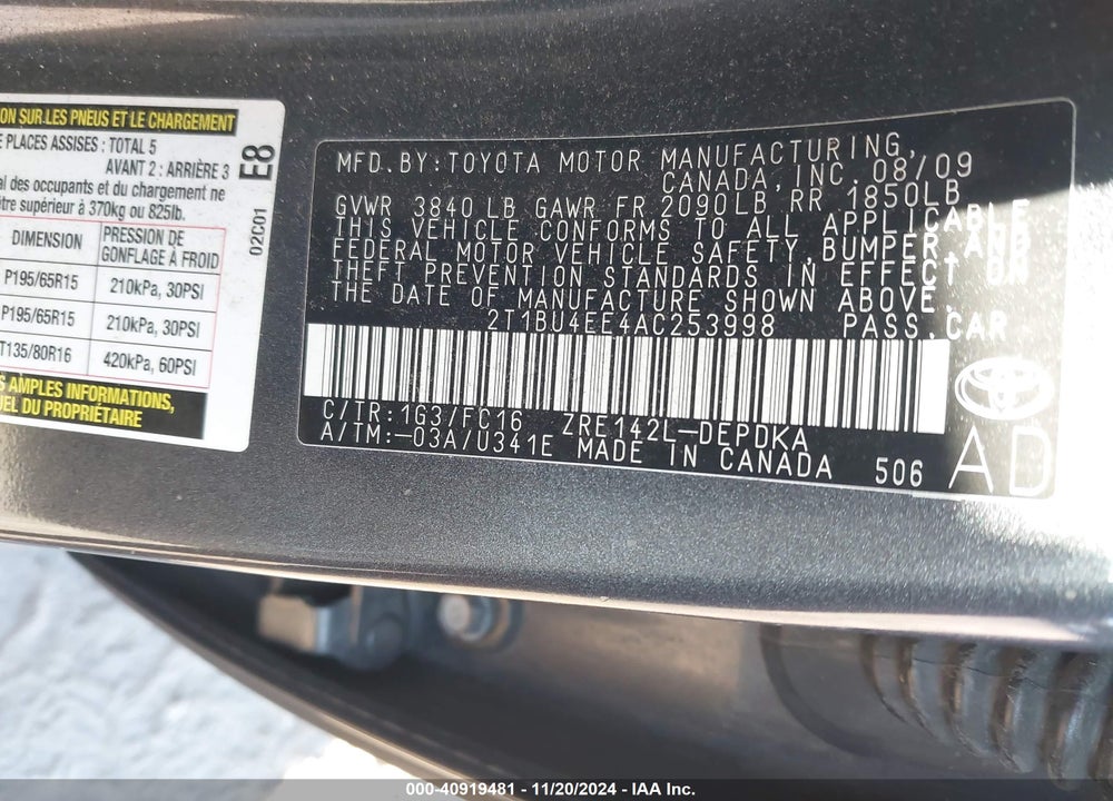 2010 TOYOTA COROLLA LE VIN: 2T1BU4EE4AC253998