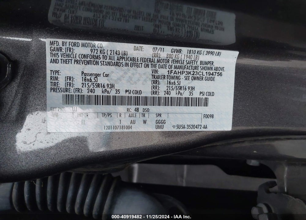 2012 FORD FOCUS SE VIN: 1FAHP3K23CL194756