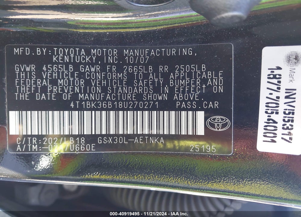 2008 TOYOTA AVALON TOURING VIN: 4T1BK36B18U270271