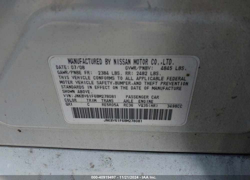 2008 INFINITI G35X VIN: JNKBV61F68M278081