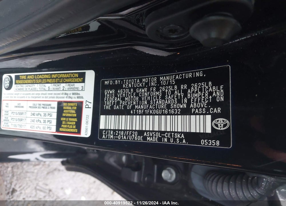 2016 TOYOTA CAMRY SE VIN: 4T1BF1FK0GU161632