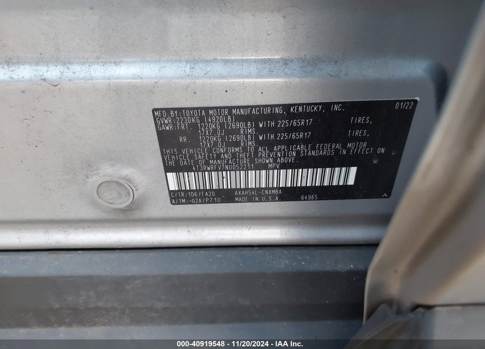 2022 TOYOTA RAV4 HYBRID XLE VIN: 4T3RWRFV7NU052211