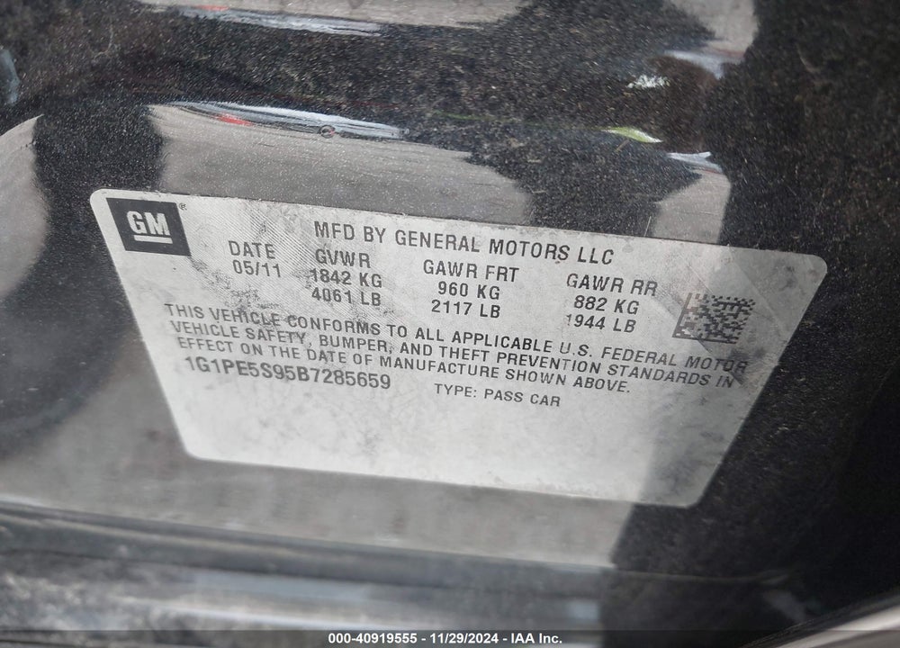 2011 CHEVROLET CRUZE LT VIN: 1G1PE5S95B7285659