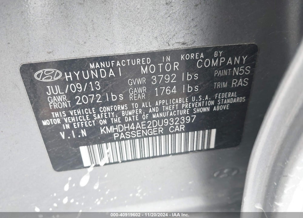 2013 HYUNDAI ELANTRA GLS VIN: KMHDH4AE2DU932397