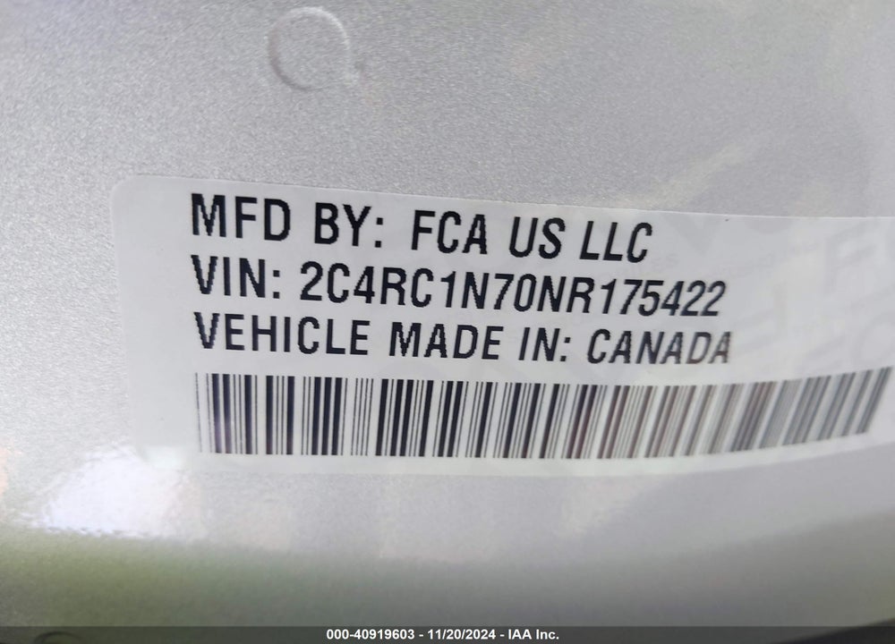 2022 CHRYSLER PACIFICA HYBRID PINNACLE VIN: 2C4RC1N70NR175422