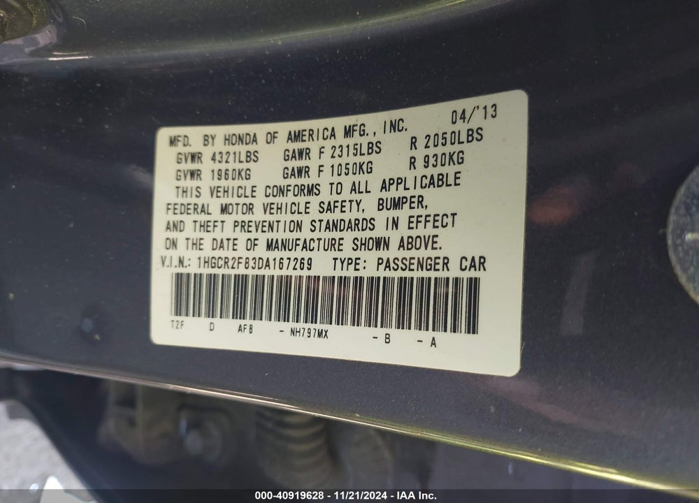 2013 HONDA ACCORD EX-L VIN: 1HGCR2F83DA167269