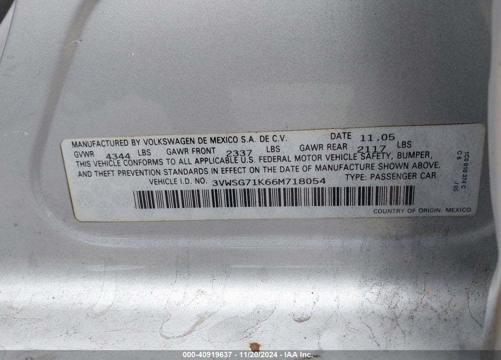 2006 VOLKSWAGEN JETTA 2.5 VIN: 3VWSG71K66M718054