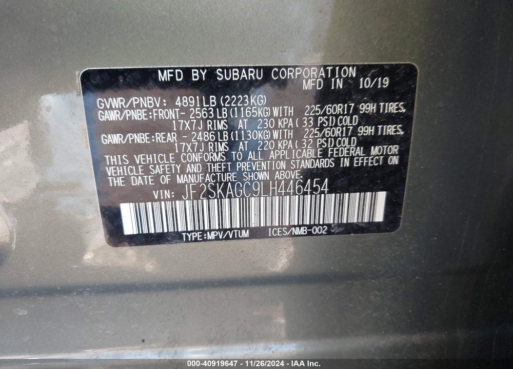 2020 SUBARU FORESTER PREMIUM VIN: JF2SKAGC9LH446454
