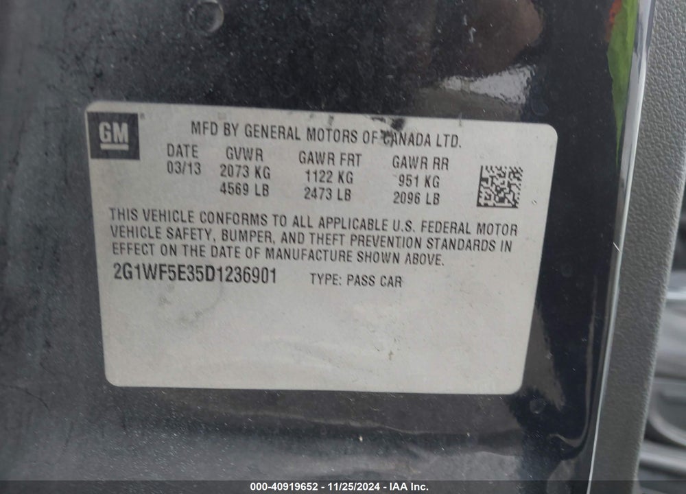2013 CHEVROLET IMPALA LS VIN: 2G1WF5E35D1236901