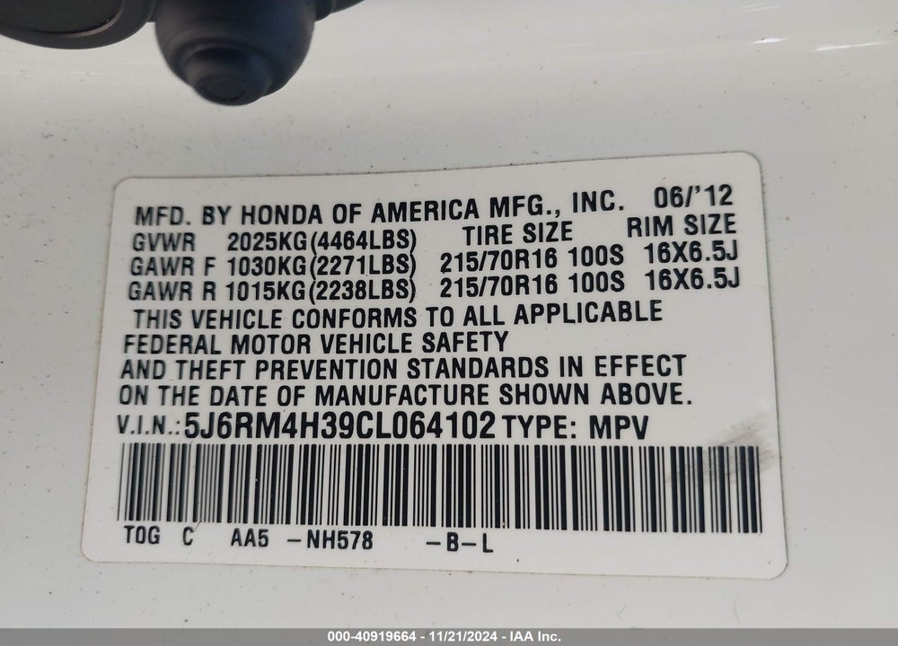 2012 HONDA CR-V LX VIN: 5J6RM4H39CL064102