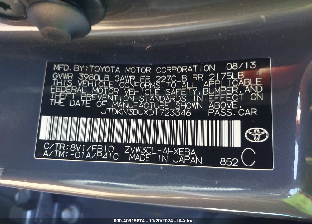 2013 TOYOTA PRIUS VIN: JTDKN3DUXD1723346